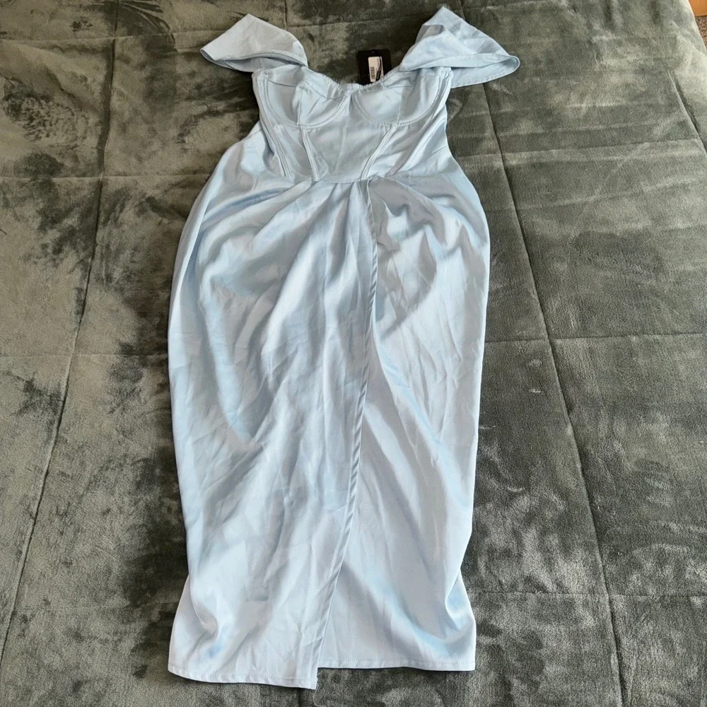 PrettyLittleThing Baby Blue Corset Draped Bardot Midi Dress US 10 NWT Cocktail